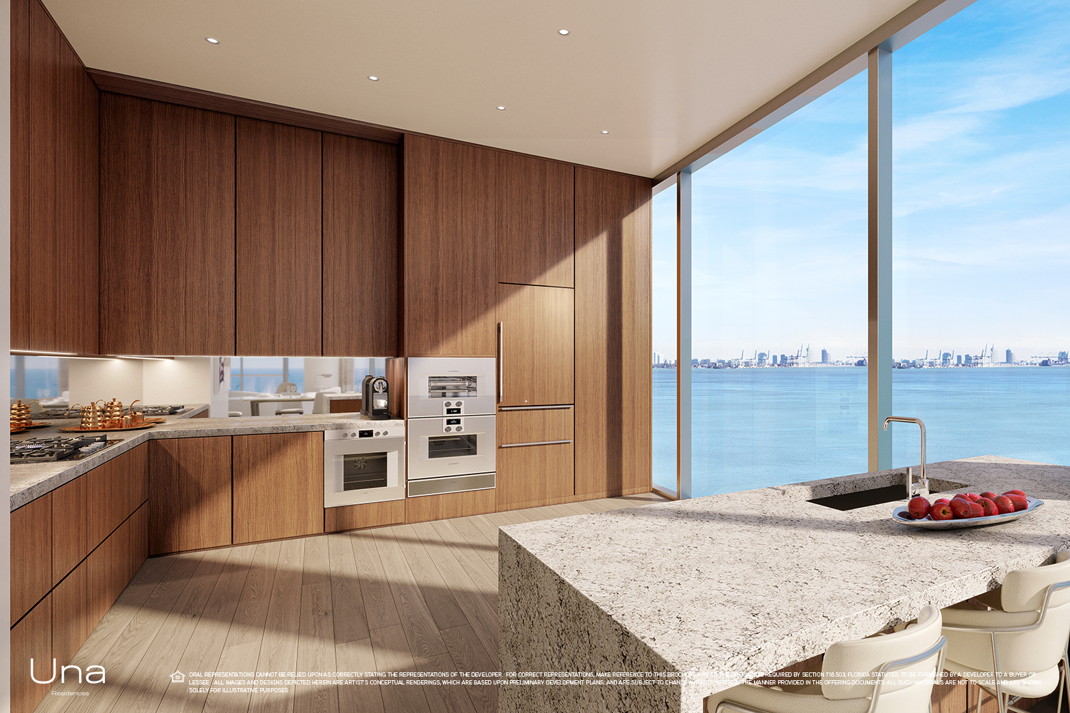 Una Residences chef's kitchen with Gaggenau appliances and bay views